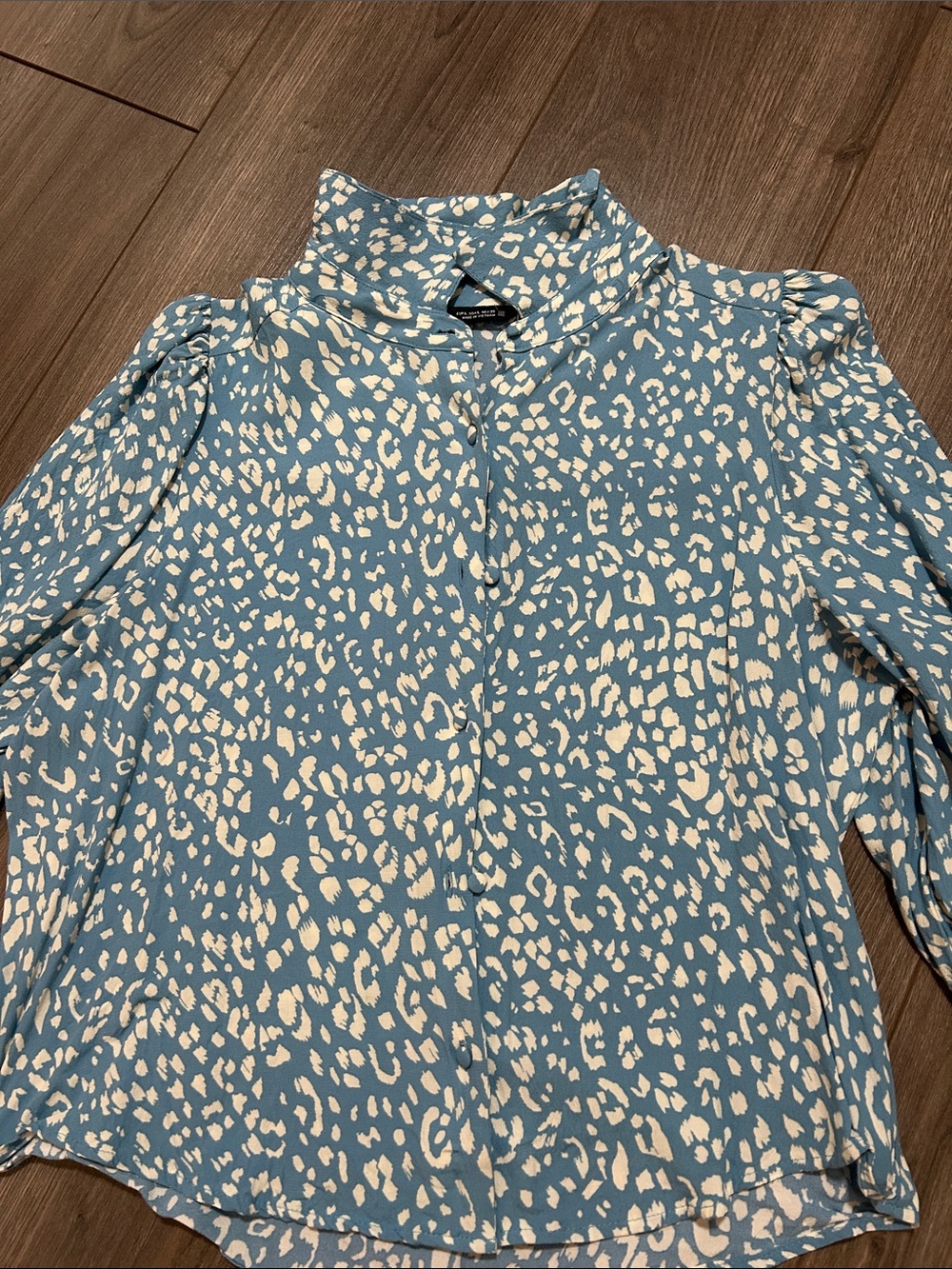 Zara Blue and White Animal-Print High Neck Blouse